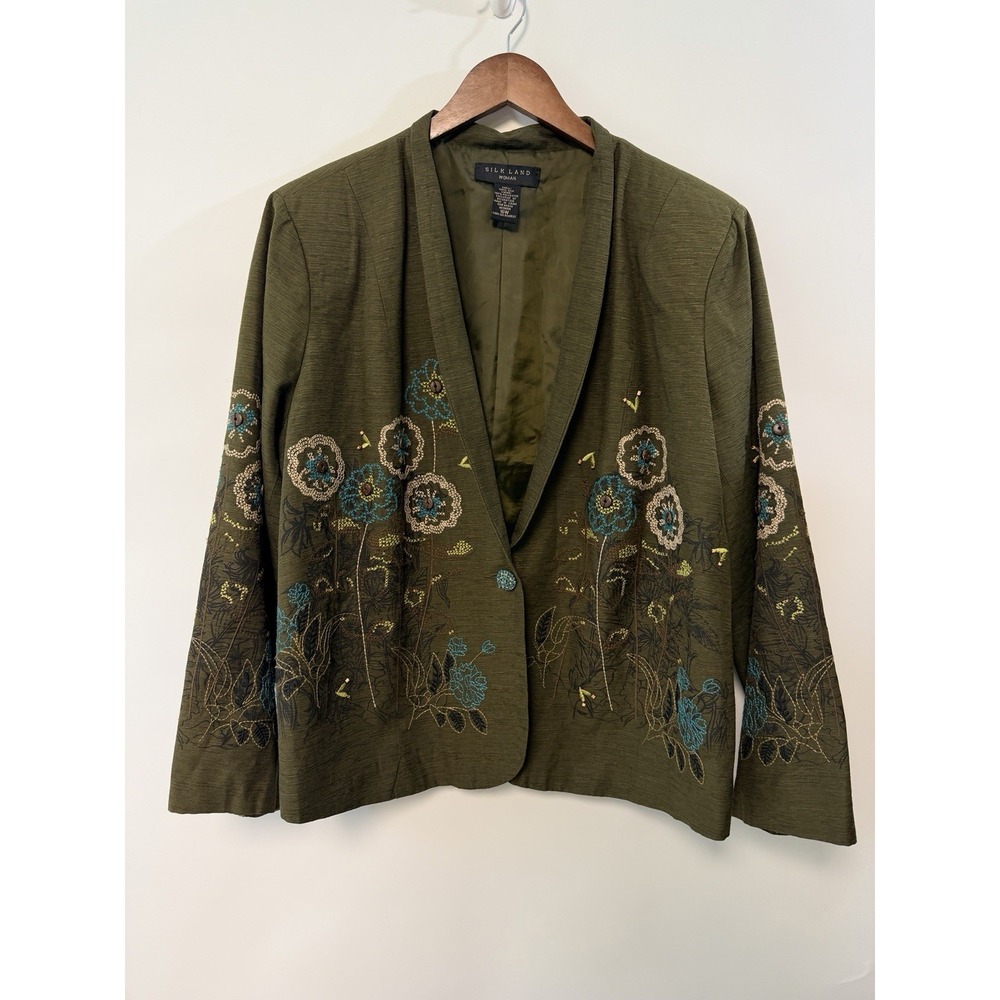 Silk Land Women 100% Silk Olive Green Embroidered Beaded Blazer 16W Art To Wear
